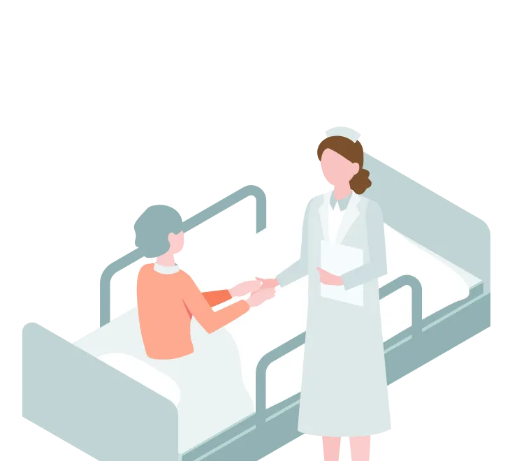 病院のベッドで寝ている障害のある患者と手をとっている看護師の様子